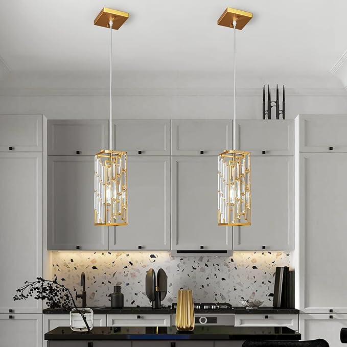 Gold Pendant Lighting Modern Pendant Light, Mini Crystal Chandeliers,Adjustable Pendant Light Fixture for Kitchen Island Dinning Room Bedroom (2 Pack)…