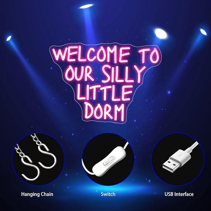 Neon Sign, Welcome to Our Silly Little Dorm Neon Signs for Wall Decor Neon Pink LED Signs Room Neon Light Up Signs Home Decor for Bedroom Business Club Party Bars Shop USB Operated