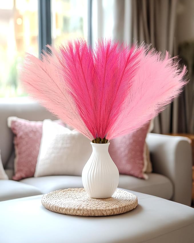 48pcs Pink Faux Pampas Grass Decor, 21.7inch Hot Pink Short Artificial Pompous Grass Fluffy Fake Pompas Grass Branches Vase Filler Flower Arrangement for Outdoors Wedding Centerpieces Decor