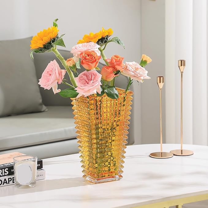 MCMCNCUIU Crystal Glass Vase, Large Crystal Vases for Flowers, Large Flower Vase,Amber Modern Vases for Living Room, Bedroom, Kitchen, Dining Table, Mantle, Wedding, 11 Inches
