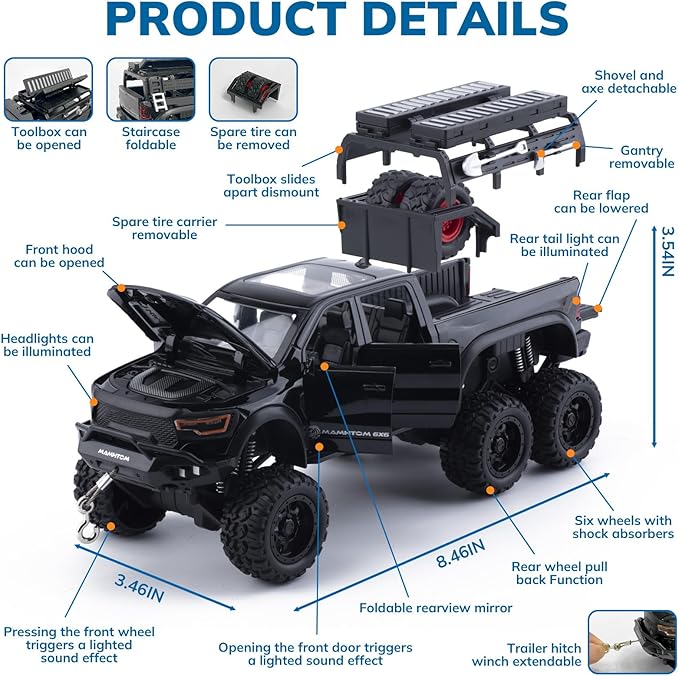 Pickup Truck Toy 1/24 Diecast Trucks Mammoth Model Car Kits,Metal Toy Truck Suitable for Kids and Car Collection,Pull Back Cars with Light and Sound,Trucks for Kids Ages 4-8（Black）