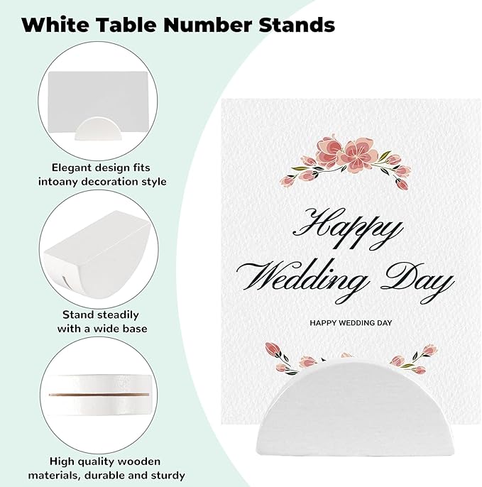 48PCS White Table Number Stands, Wooden Lightweight Wedding Table Name Holder, Small Size Place Card Holders, Semicircular Design, for Office Tag Photo Menu Clips Wedding Birthday Party Restaurant