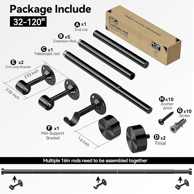 Heavy Duty Curtain Rod 32-120 Inch, 1 Inch Adjustable Black Curtain Rods for Windows, Long Window Treatment Rods with Aluminium Finials, Easy Installation