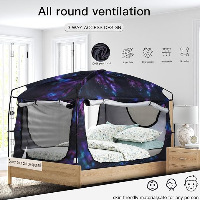 Bed Tent,Portable Privacy Sleeping Bed Canopy,Blackout 90% Drapes for Kids and Adult,Indoor Space Tent with Breathable Large Mesh Windows