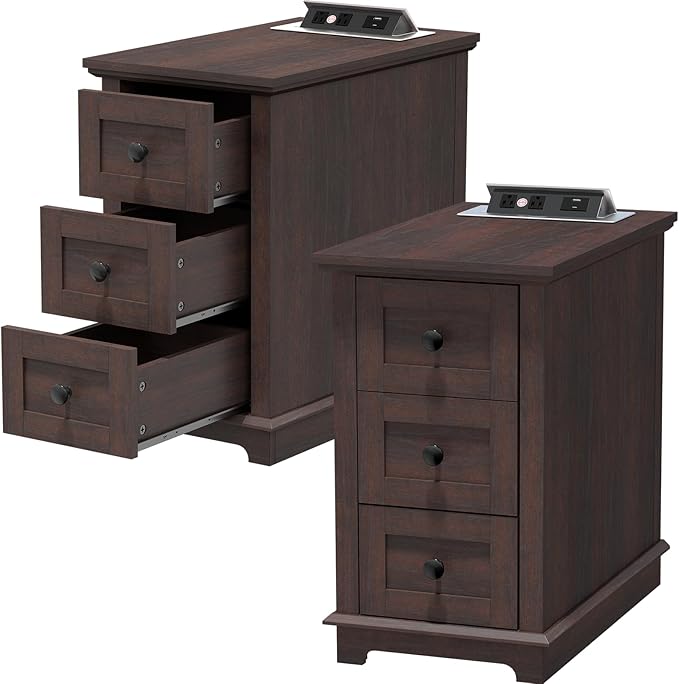 HIFYOBRO End Table Set of 2, 3 Drawers & Charging Station, Type-C & USB Port & Power outlets, Narrow Wooden End Table, Side Table with Storage for Living Room, Bedroom Nightstands