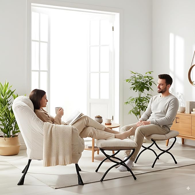 Lazy Chair and Ottoman, Large Accent Lounge Chair with Armrests and a Side Pocket, Modern Leisure Upholstered Sofa Reading Armchair with Footrest for Bedroom, Living Room, Dorm Rooms, Office