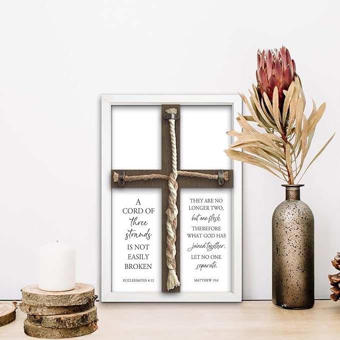 flowtorely A Cord of Three Strands Wedding Ceremony Unity Wall Decor 15"X10" Matthew 19 6 Christian Marriage Prayer Cross Sign Framed Wall Hanging Art (White)