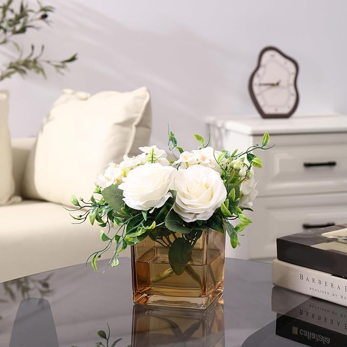 Square Glass Vases Set of 9, 4"x 4"x 4" Flower Vases for Centerpieces, Amber Glass Vase for Flowers, Small Vase for Wedding, Party, Home Office Decoration