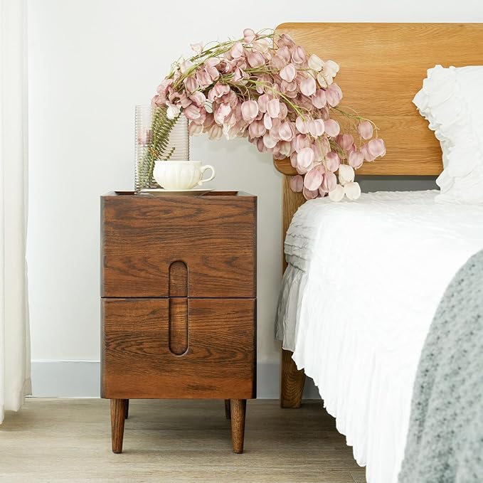 Narrow Nightstand, Mid Century Modern Nightstand, Solid Wood Bedside Table, Side Table witn Drawers (Walnut, 11.81inches)