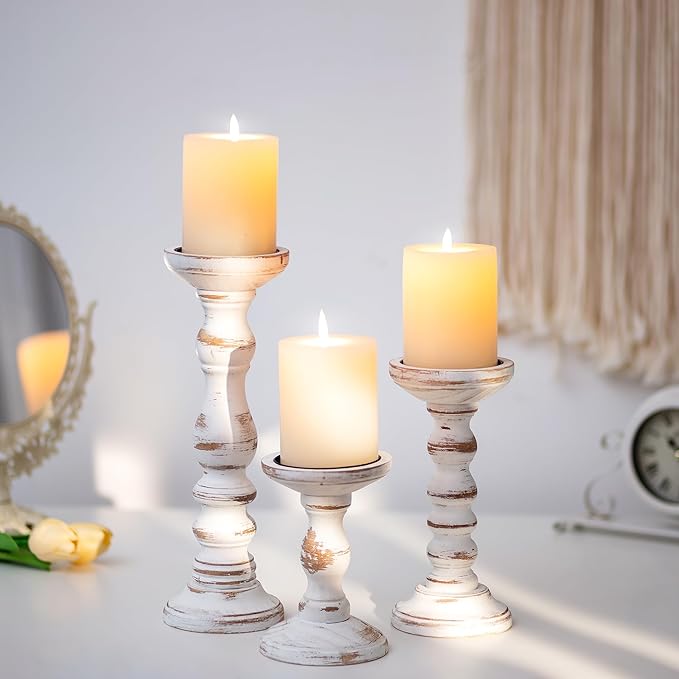 Romadedi Wood Candle Holders for Pillar Candles - Set of 3 Tall Farmhouse Wooden Candlestick Holder, Rustic Candle Stand for Fireplace Mantle Shelf Table Home Decor, Brown Whitewashed 6"/ 8.3"/11.8"