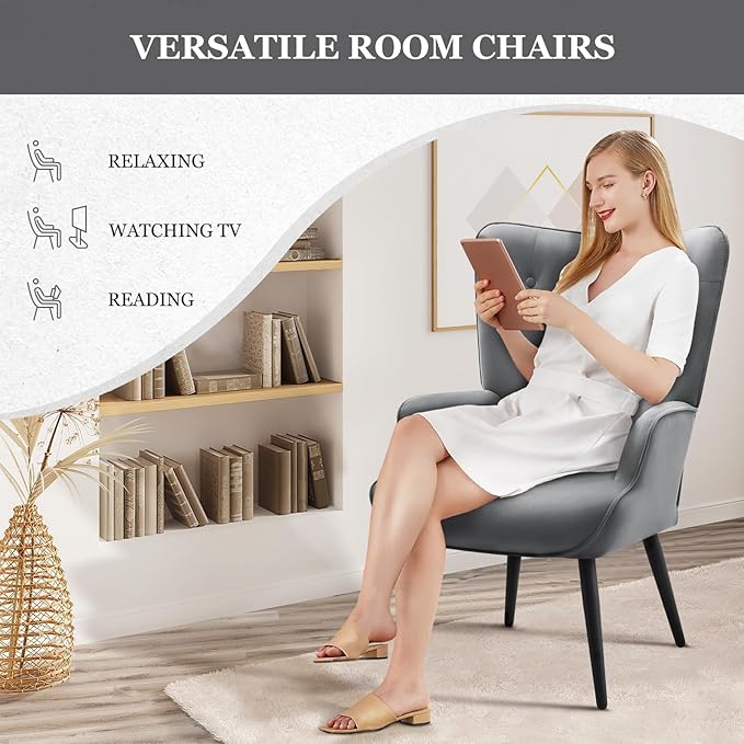 Furnimart Grey Velvet Accent Chair Mid Century Modern Living Room Chairs; Comfy Armchair Leisure Vanity Guest Wingback Chair for Office Study Vanity Bedroom Waiting Room