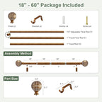Gold Curtain Rods for Windows 28 to 48 Inch,1'' Diameter Drapery Rods with Imitation Wood Grain Leaf Pattern Finials,Boho Adjustable Heavy Duty Curtain Rods Set,18-60'',Antique-Gold Wood