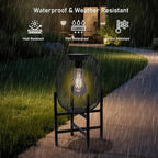 Solar Mesh Lantern Outdoor – 13.8" Tall Black Metal Patio Light with Edison Glass Bulb, Solar Powered Warm Glow LED, Waterproof IP65 for Garden, Porch, Deck, Tabletop Decor