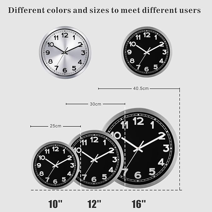 Plumeet Wall Clock, 12 Inch Battery Operated Wall Clock with Silver Aluminum Frame, Non Ticking Silent Metal Wall Clocks Decorative Kitchen Living Room Bedroom, Black