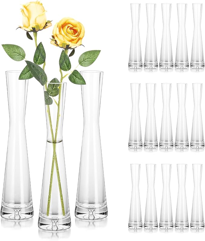 Hewory Glass Bud Vases for Centerpieces Set of 18, Handmade Modern Clear Small Skinny Decorative Single Flower Vase, Minimalist Slim Floral Vase for Home Wedding Party Events Table Decor, 9.64"