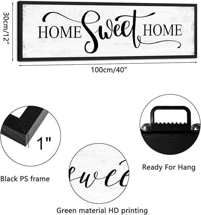 Home Sweet Home Wall Decor: Modern Farmhouse Rustic Sign 12" x 40", Master Bedroom Above Bed Framed Hanging Plaque, Family Decorative for Living Room