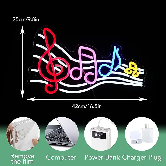Musical Staff Note Neon Sign Led Music Neon Light for Wall Decor Dimmable USB Power Musical Light Up Sign for Music Studio Classroom Party Bar Bedroom