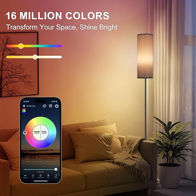 FRIDEKO HOME Gray Floor Lamps for Bedroom, Dimmable Colors Temperature & Brightness, Plug in Modern Floor Lamps for Living Room, Tall Standing Lamps for Office, Corner Lamp, 9W RGB LED Bulb