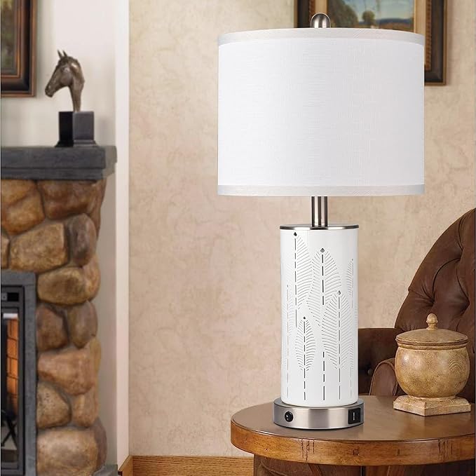 Ceramic Engraved Translucent Light Decorative 25" Table Lamps Set of 2 with Nightlight,E26 Socket&Rotary Switch,USB A+C Ports,Modern Bedside Lamps for Nightstand,Bedroom(Bulbs Included)