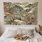 Asian Tapestry,Japanese Red Landscape Asian Watercolor Abstract Art Tapestry, Asian Japanese Wall Tapestry, Nature Landscape Tapestries for Bedroom Living Room Decor 90"x60"