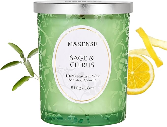 M&SENSE Sage Citrus Scented Candle, Cracking Wooden Wick Soy Wax, 18oz 100 Hours Long Lasting Clean Burn, Large Jar Candles for Home Decor, Non-Toxic Relaxing Aromatherapy Gifts for Women