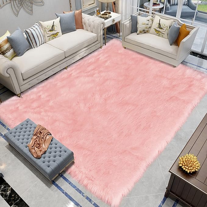Latepis Big Pink Area Rugs for Living Room 6.7x10 Faux Sheepskin Fur Rug Washable Fluffy Rugs for Bedroom Fuzzy High Pile Plush Rug for Girls Room Luxury Home Decor