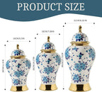 Ginger Jars for Home Decor, White and Gold Vase, Porcelain Ginger Jar Chinoiserie Blue and White Vase with Gold Trim and Floral Pattern, Ceramic Flower Vase for Home, Temple and Storage Jars(12in)