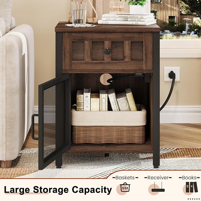 FATORRI End Table with Charging Station, Farmhouse Side Table with Drawer, Rustic Wood and Metal Nightstand and Bedside Tables for Living Room (Rustic Brown)