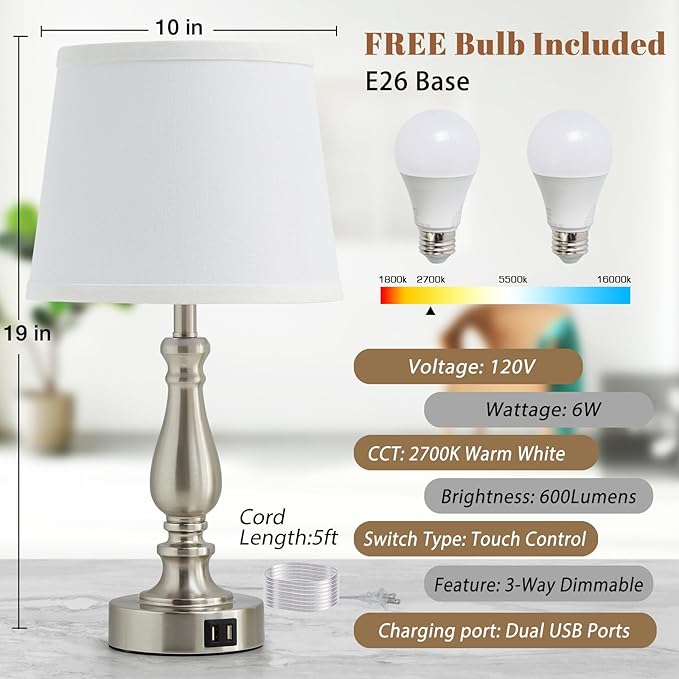 Table Lamps for Bedrooms Set of 2 - Touch Bedside Lamps with USB C+A Ports, 3 Way Dimmable White Nightstand Lamps for End Tables, Farmhouse Night Stand Lamps for Living Room Bed Side Guest Room