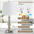 Table Lamps for Bedrooms Set of 2 - Touch Bedside Lamps with USB C+A Ports, 3 Way Dimmable White Nightstand Lamps for End Tables, Farmhouse Night Stand Lamps for Living Room Bed Side Guest Room