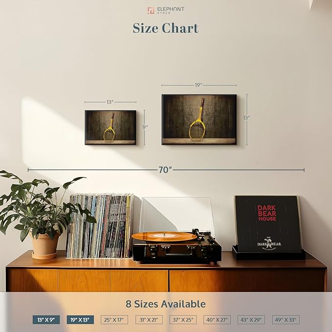 ElephantStock Vintage Tennis Racket Wall Art - Horizontal Framed Canvas - 1-Piece Living Room Wall Decor - Photography Sports Canvas Print - Brown and Black Decor for Wall - 19" X 13"