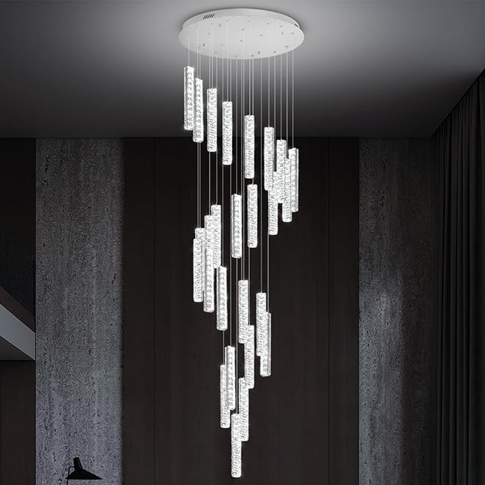 Large Staircase Chandeliers 130inches Long Spiral Crystal Chandeliers for High Ceilings Foyer Entrance 25-Lights Silver LED Dimmable 3000-6000K