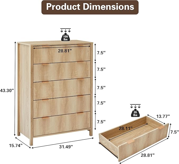 5 Drawer Dressers for Bedroom, Modern Closet Chest of Drawers with Waveform Fluted Panel, Large Wood Storage Dresser Organizer for Nursery Bedroom Living Room Hallway Closet, Natural