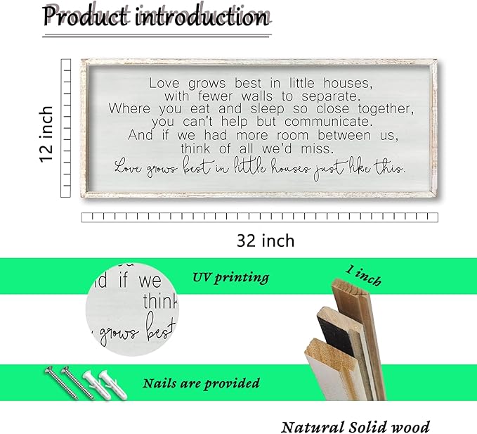 ZZJJHYWGQ Love Grows Best In Houses Just Like This Quote Sign 32"×12" Rustic Love Theme Quotes Couples Wall Decor Family for Above Bed Master Bedroom large Romantic Wall Art Hanging (White)