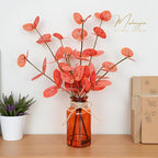 Artificial Eucalyptus Stems in Amber Glass Vase with Faux Water,3Pcs Fake Plant with Double-Sided Orange Leaves for Centerpiece (Double-Sided Orange Eucalyptus)