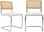 Mid Century Modern Rattan Dining Chairs Set of 2, Boucle Kitchen Chairs with Handwoven Mesh Rattan Backrest and Metal Legs, Upholstered Accent Side Chairs, White