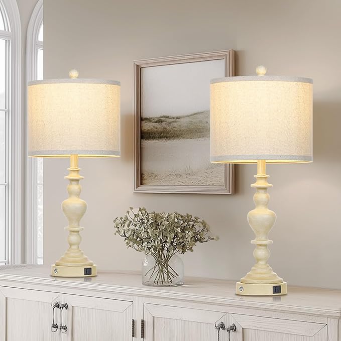 27" Farmhouse Table Lamps Set of 2, Vintage Bedside Lamps with USB A+C Charging Ports, 3-Way Dimmable Touch Control Traditional Nightstand Lamp for Living Room Beige (Bulbs Included)