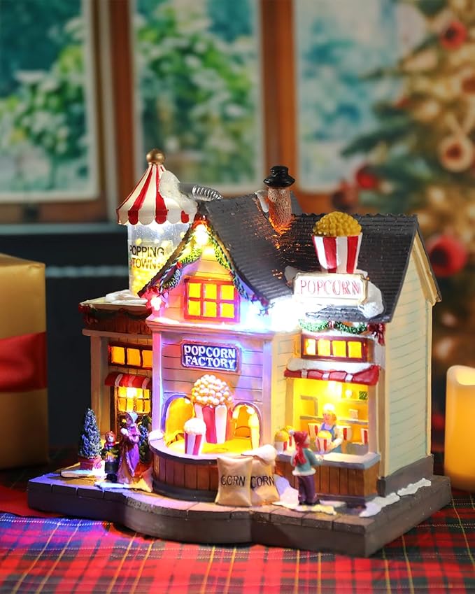 Bdor Christmas Village Lighted Decoration Animated Display Musical Christmas Collectible Popcorn Factory Battery Operated Resin Indoor Decor
