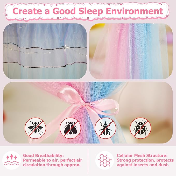 Full Size Bed Canopy with Lights, Bed Canopy for Girls Princess with Luminous Stars, Canopy Bed Curtains for Full Bed Kids Indoor Decor Bedroom, 4 Corner Post Bunk Bed for Student Dormitory, Blue&Pink