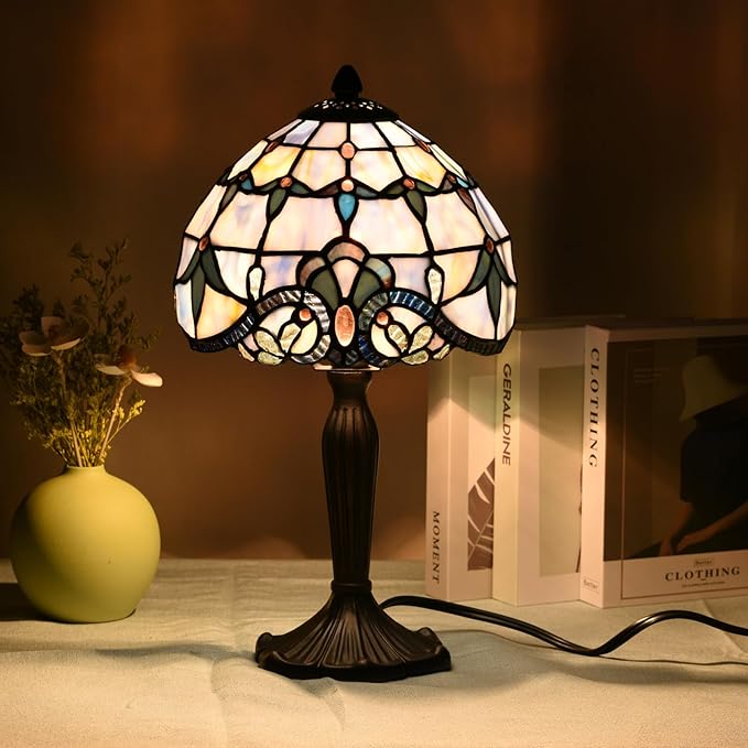 TL0006 Tiffany Lamp Baroque Design Stained Glass Table Lamp for Living Room Bedroom Bedside Nightstand Home Office, 8" D x 14.25" H, LED Bulb Included (Blue Baroque)