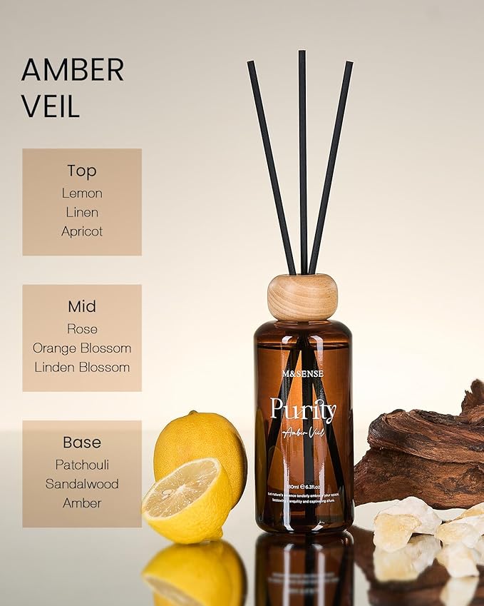 M&SENSE Amber Citrus Reed Diffuser: 6.3 fl oz Lemon & Linen Scented Aroma Set with Light & Subtle Fragrance, Non-Toxic Natural Essential Oil Gifts for Bedroom Shelf Decor Small Spaces