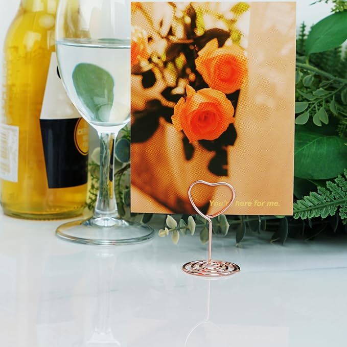 20pcs Mini Place Card Holder, Table Number Holders, Table Card Holders, Table Number Stands, Wire Table Picture Photo Holder with Heart Shaped Menu Clips for Wedding Favors (Rose Gold)