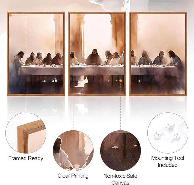 Aurlan Jesus Last Supper Bible Story Wall Art(16"x24"), 3PCS Boho Christ Christian Easter Gifts Canvas Artwork, Neutral Spiritual Religious Faith Decor Prints for Office Home