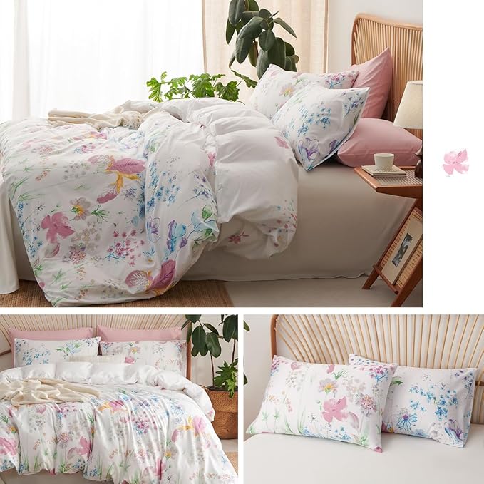 Floral Comforter Set King Size - 3 Pieces Lilac White Floral Comforter Bedding Sets Reversible Pattern,King Bed in a Bag with Flowers Comforter and 2 Pillowcases