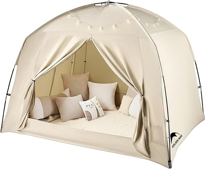 Bed Tents for Kids and Adult, Portable 100% Breathable and 85% Blackout Toddler Dream Play Tent, 3 Doors Privacy Space Sleeping Canopy for Indoor Floor or Twin Full Queen Sizes Bed (Khaki, Full-Size)