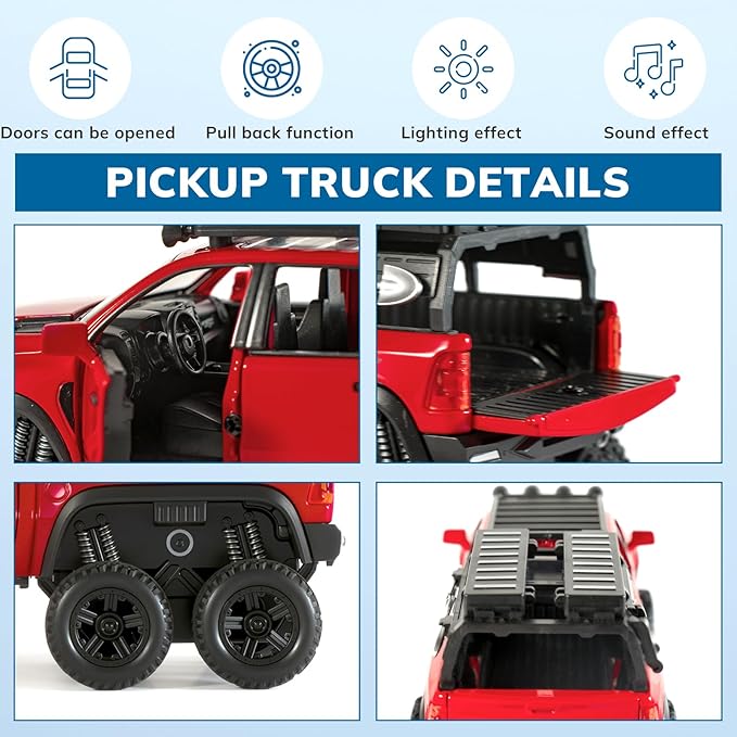 Toy Trucks for Boys 1/32 Diecast Trucks Mammoth Model Truck,Collectible Pickup Truck Model Kit,Pull Back Cars with Lights and Sounds,Toy Trucks for Boys Age 4-7（Red）