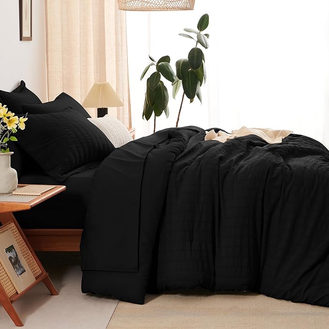 CozyLux Oversized King Comforter Set Black Seersucker 7 Pieces Bed in a Bag King Comforter Set with Sheets, Luxury Soft Bedding Set with Down Alternative Comforter, Sheets, Pillowcases & Shams