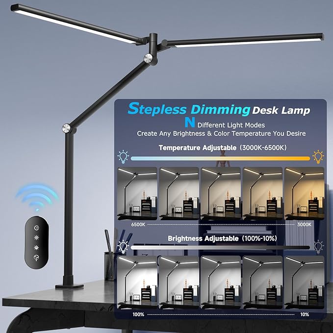 LED Desk Lamp for Home Office, Eye Caring Architect Desk Light with Remote, Dual Screen Computer Monitor Light with Stepless Dimming, Stepless Color Temp, Memory Function for Study, Dark Black