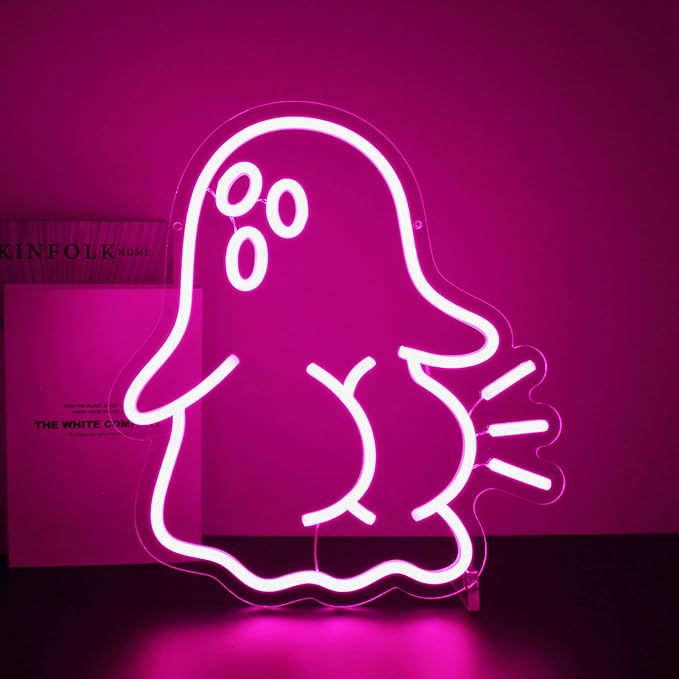 Ghost Neon Sign, Neon Signs for Wall Decor Neon Pink LED Signs Room Neon Light Up Signs Home Decor for Bedroom Club Party Bar Shop USB Operated