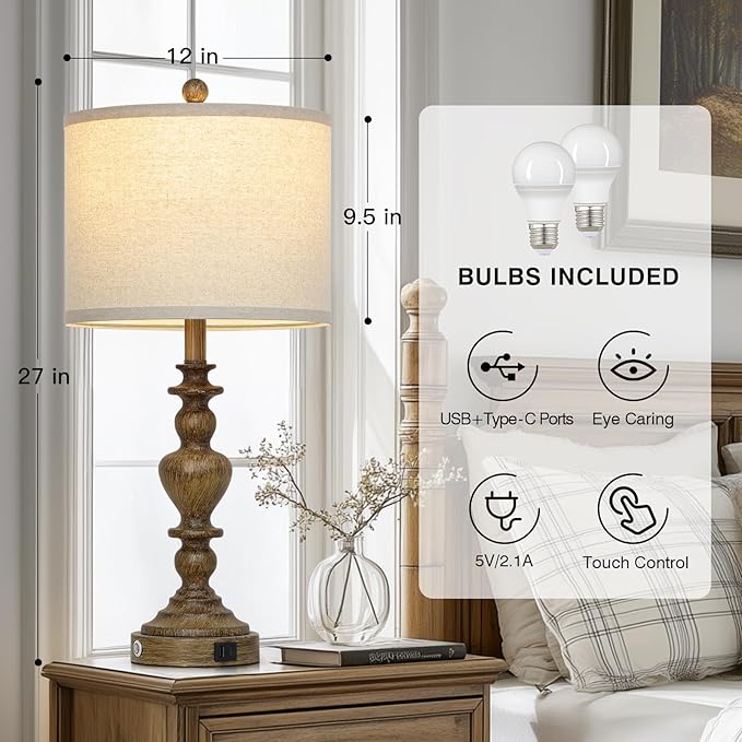 27" Vintage Table Lamps Set of 2, Farmhouse Resin Bedside Lamp with USB C+A Ports & AC Outlet, 3-Way Dimmable Touch Control Lamps for Living Room Bedroom Nightstand Antique Brown Washed Wooden Finish